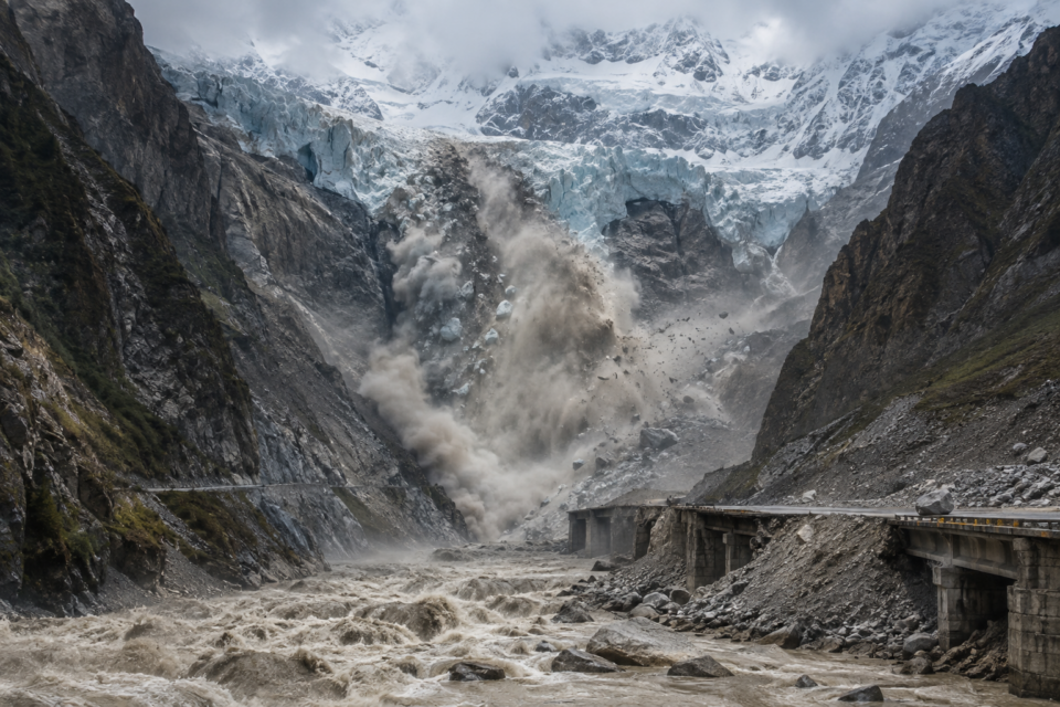 Editorial illustration of a glacial collapse and flood in a Himalayan valley