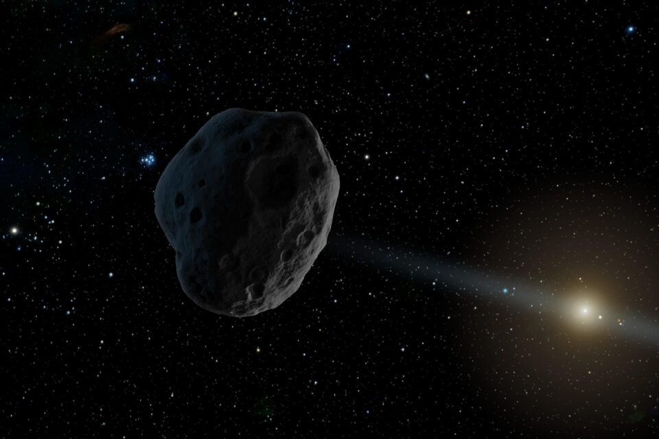 Conceito artístico de um asteroide próximo à Terra com órbita alongada.
