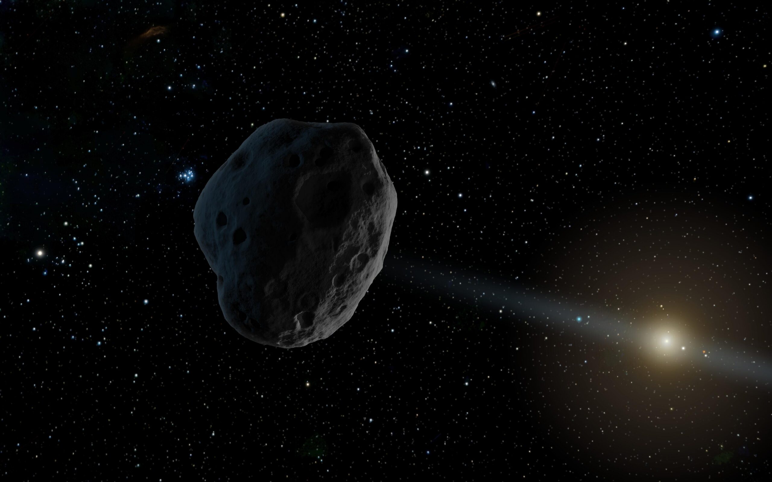 Conceito artístico de um asteroide próximo à Terra com órbita alongada.
