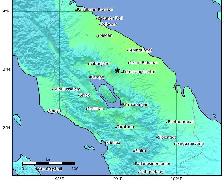 Mapa de intensidade do terremoto de magnitude 6,9 no norte de Sumatra, Indonésia