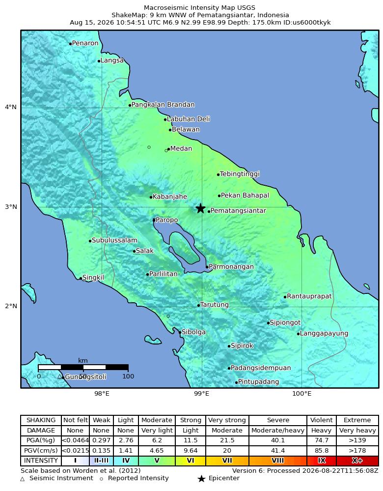Terremoto de magnitude 6,9 atinge o norte de Sumatra a 175 quilômetros de profundidade
