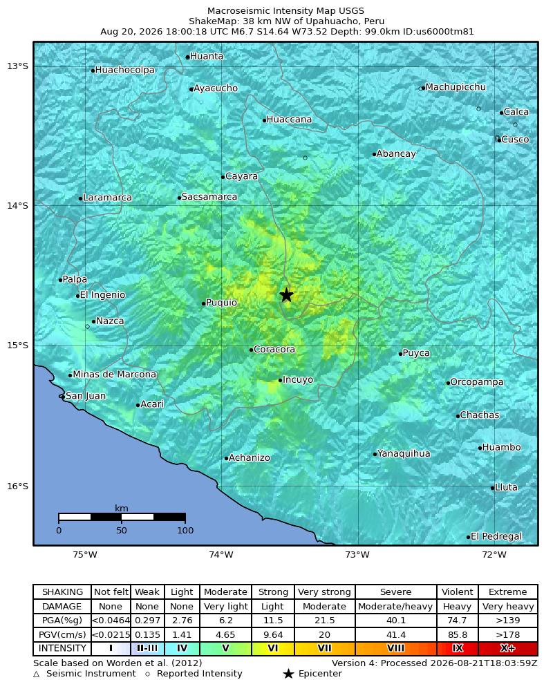 Terremoto de magnitude 6,7 no Peru é sentido com força, mas recebe alerta verde