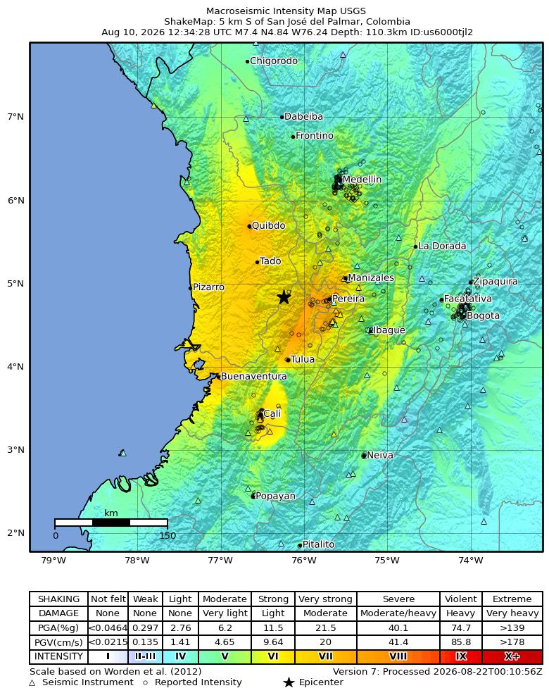 Terremoto de magnitude 7,4 atinge o oeste da Colômbia e gera sequência de réplicas
