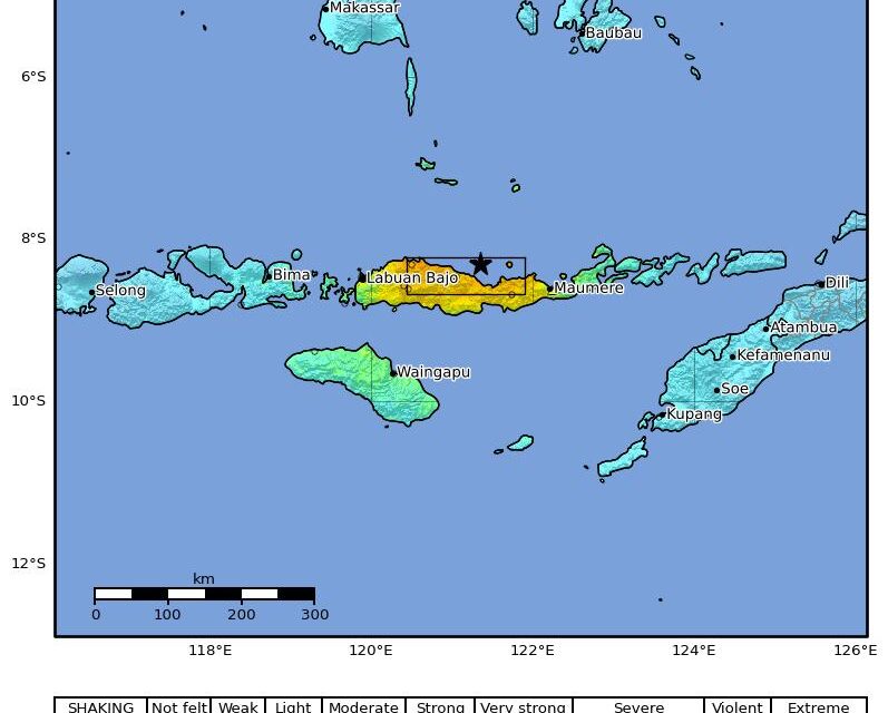 Mapa de intensidade do terremoto de magnitude 7,7 no Mar de Flores, Indonésia