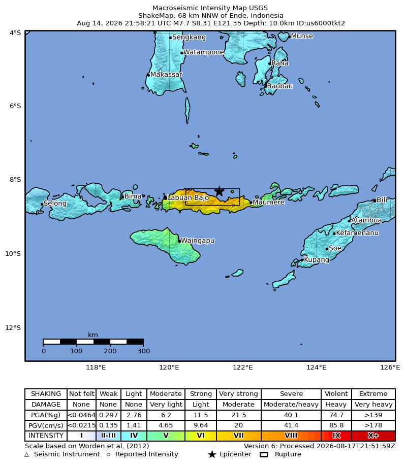 Terremoto de magnitude 7,7 no Mar de Flores provoca tremor severo na Indonésia