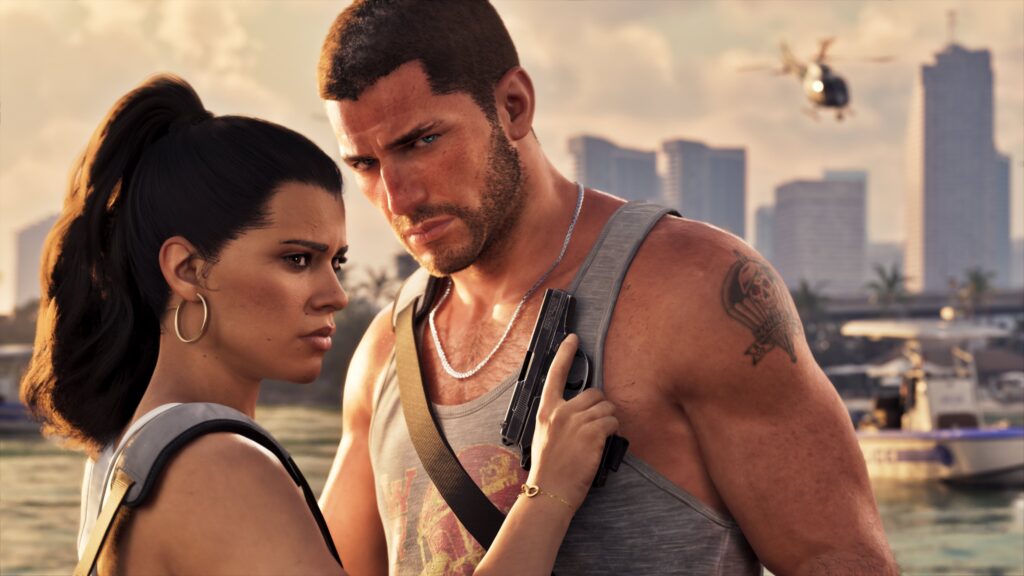 Jason e Lucia, protagonistas de GTA 6, em cena oficial do jogo